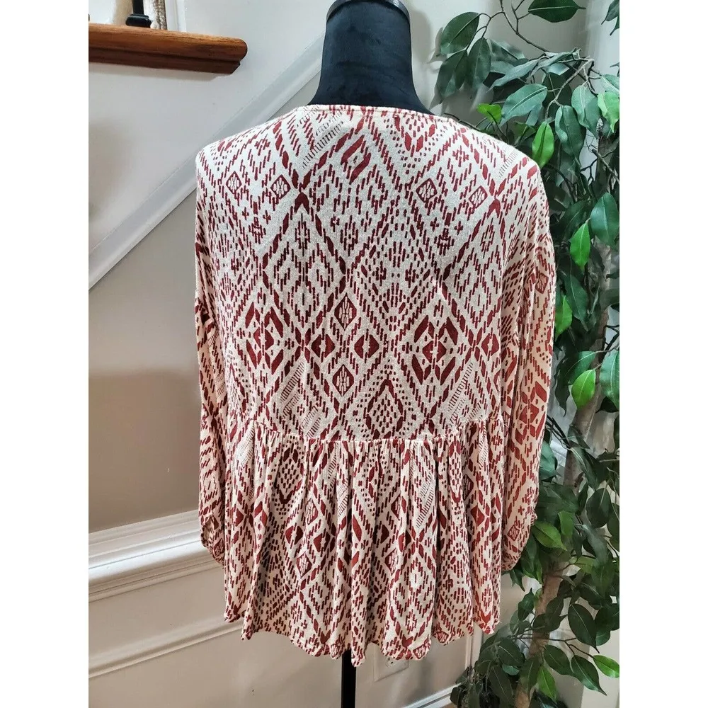 Serene Bohemian Flowy White & Maroon Round Neck Long Sleeve Top Blouse Size S - Image 7