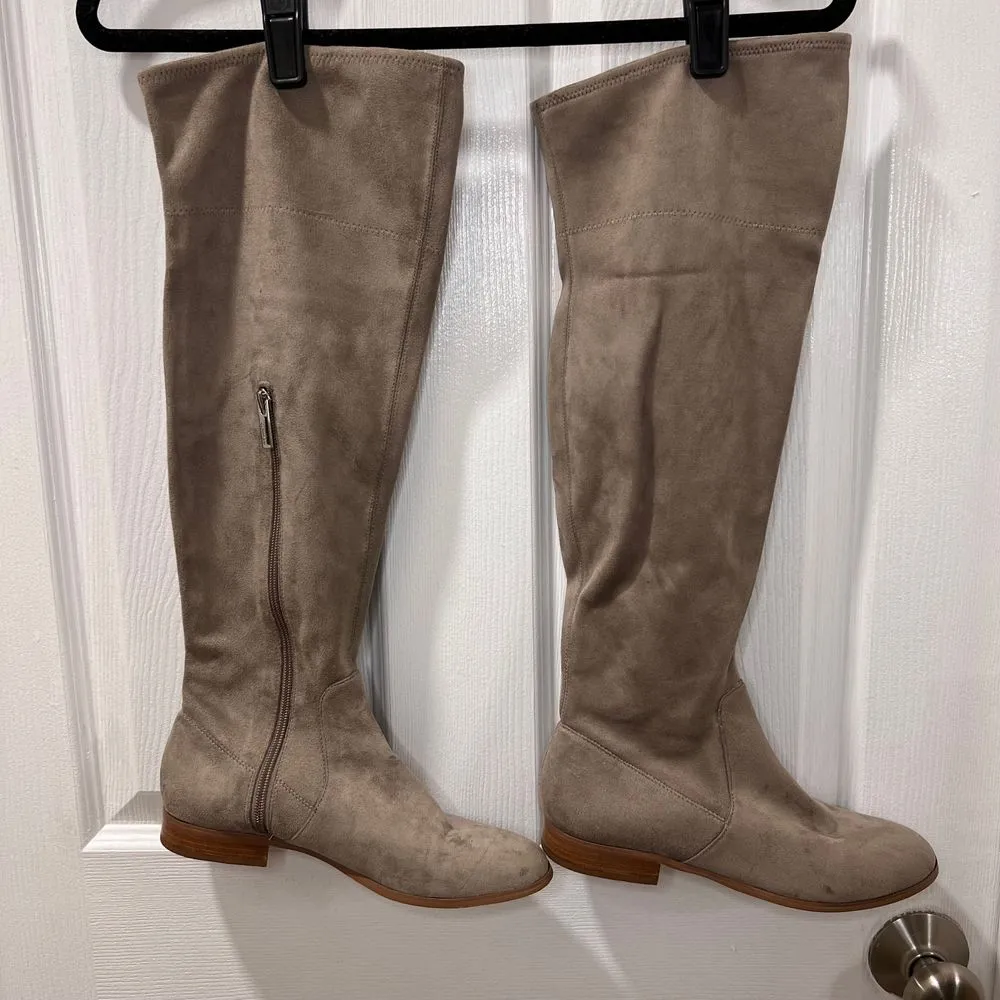 Calvin Klein Taupe Microfiber Over-the-Knee Boots Side Zip Flat‎ Heel-8.5 - Image 6
