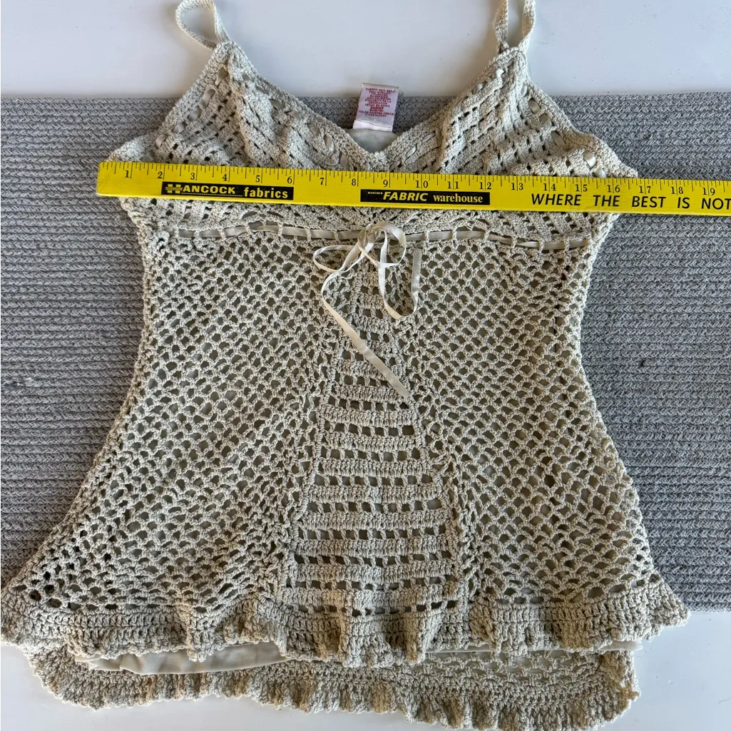 Vintage Faded Glory Ivory Cream Crochet Babydoll Cami Tank Top Sz Large Tan - Image 8
