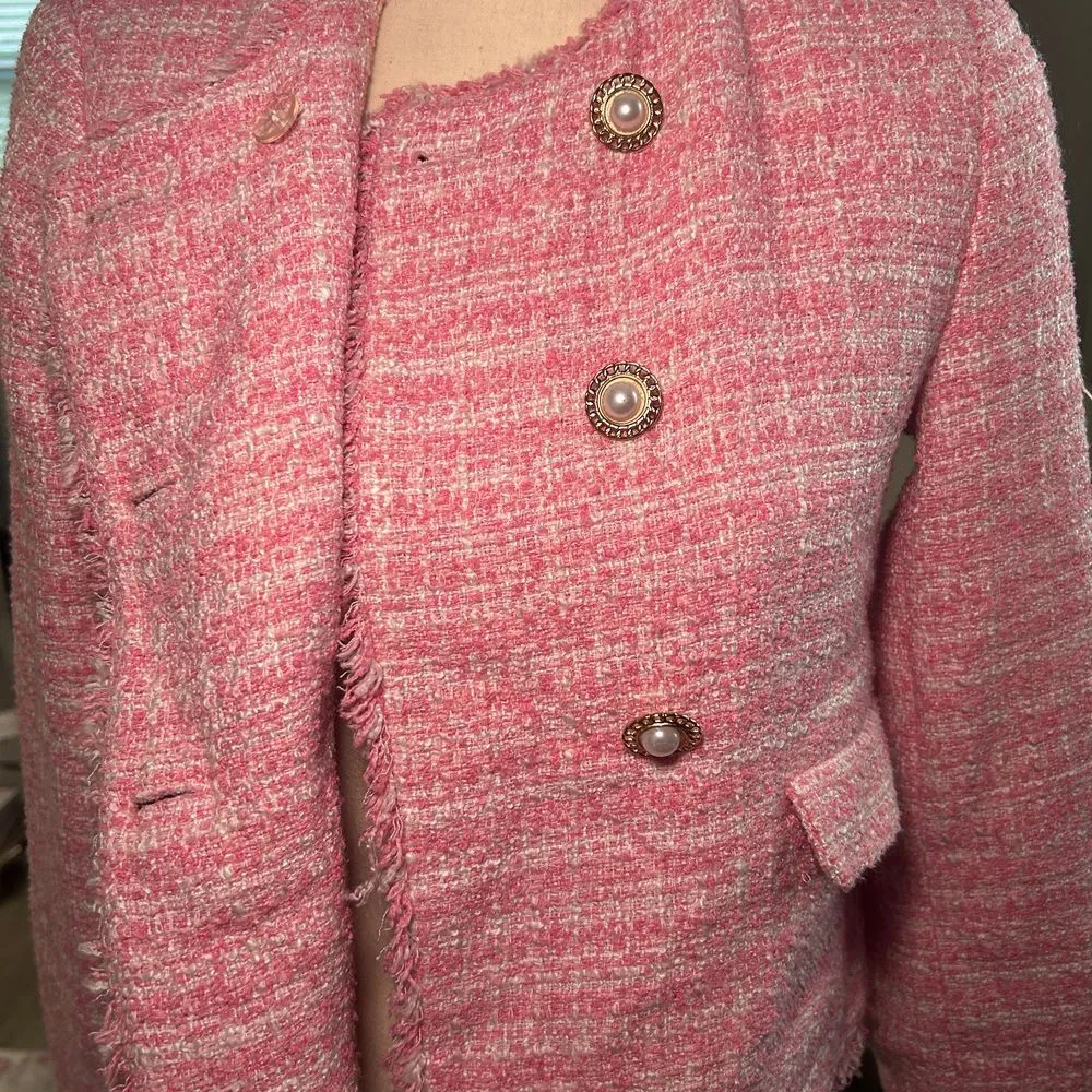 Anthropologie‎ Maeve Pink Tweed Jacket Blazer Size 2 Y2K Preppy Office Pearls - Image 2