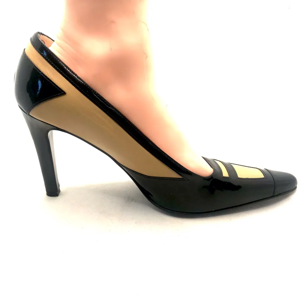 RENAUD PELLEGRINO BLACK & TAN LEATHER ITALIAN PUMP HEELS (38.5) Size 7.5 - Image 6