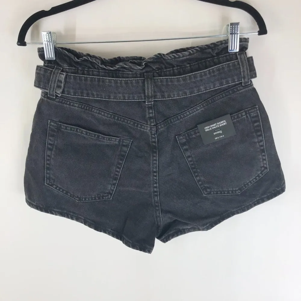 Divided H&M Womens High Rise Denim Shorts Paper Bag Waist Belted Black Size 6 - Image 2