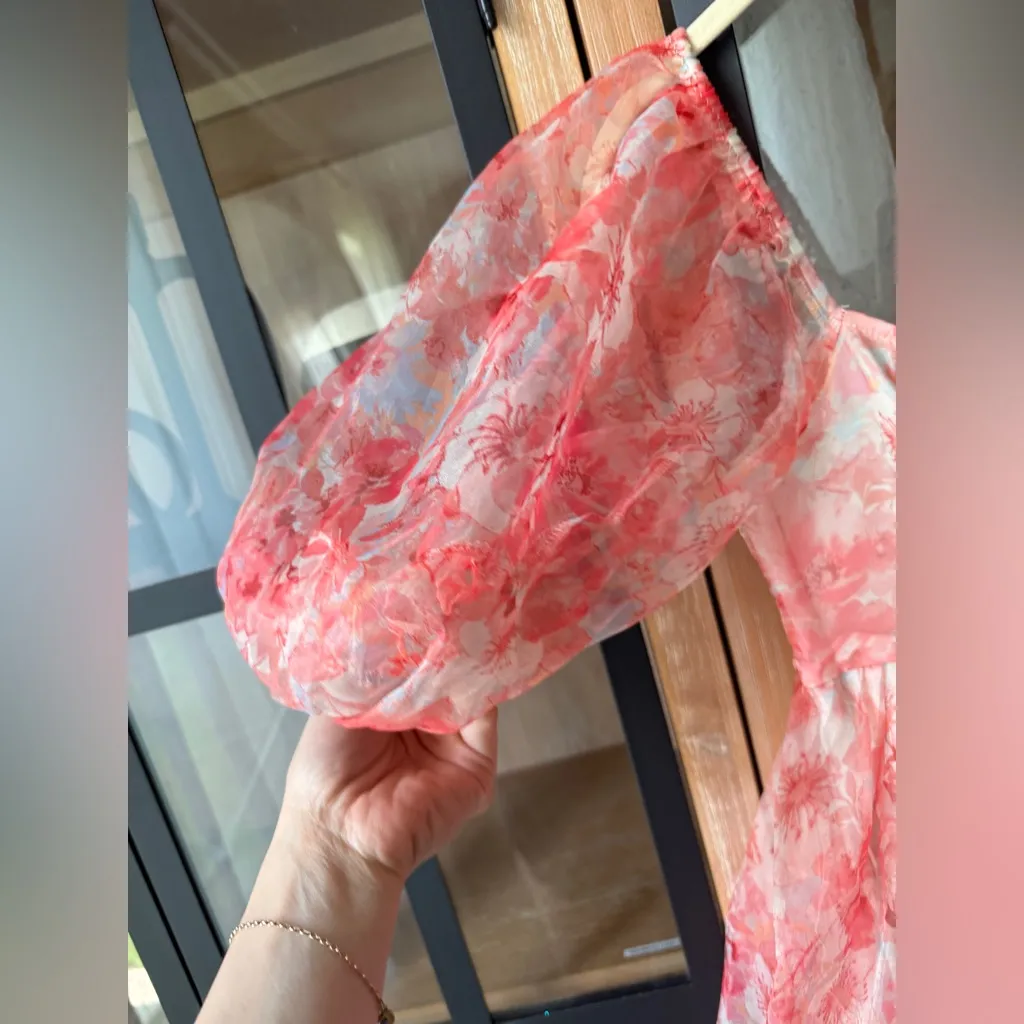 Francesca’s Claudia Floral Organza Babydoll Dress mini puff sleeve selkie pastel Red Size XS - Image 7