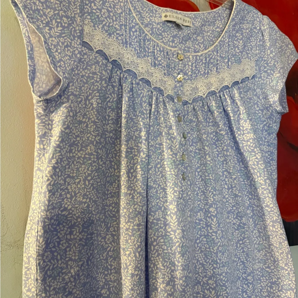 Eileen West Cap Sleeve S Small Blue Floral Nightgown Pajamas Lace - Image 2