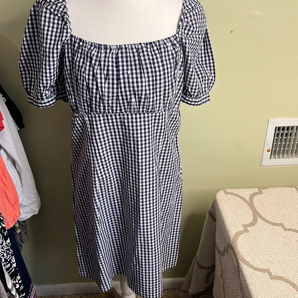 NWT ANTHROPOLOGIE FOREVER THAT GIRL PUFF SLEEVE MINI DRESS BLUE GINGHAM LARGE - Image 2