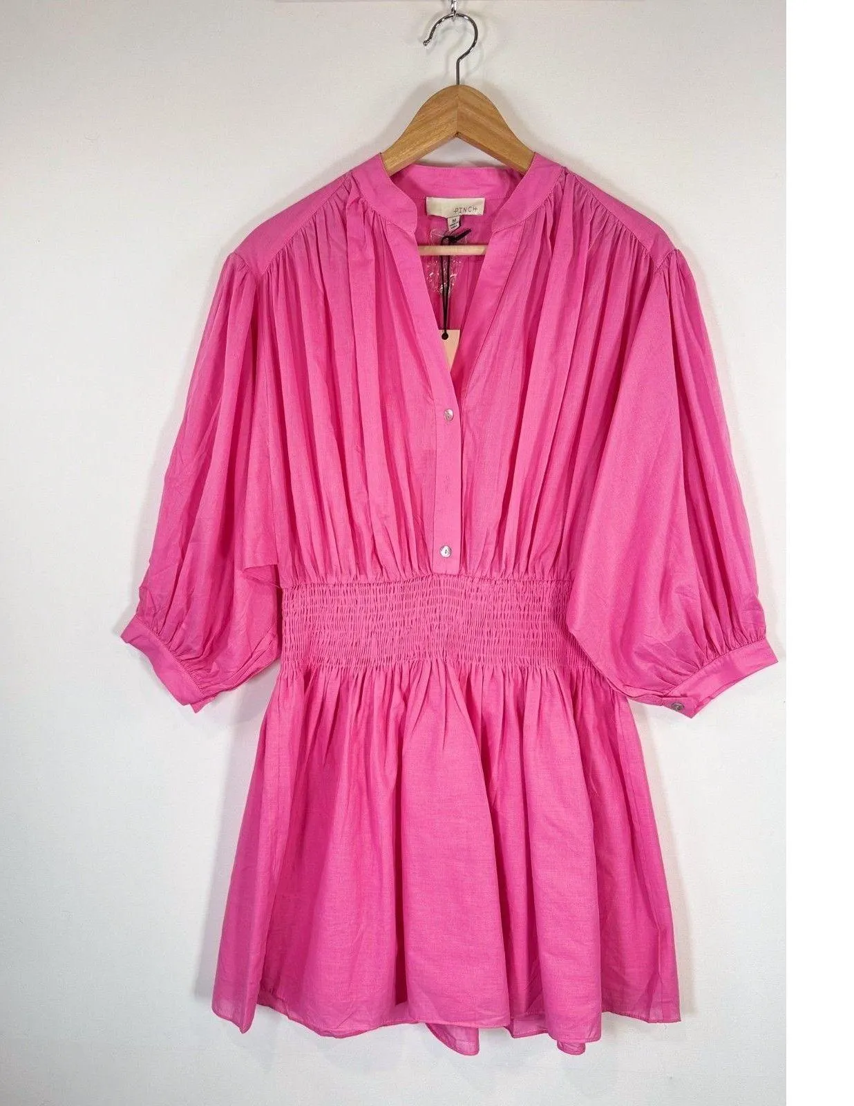 NWT Pinch Womens Dress Pink Mini Smocked Fit Flare V Neck Long Sleeve Medium - Image 5