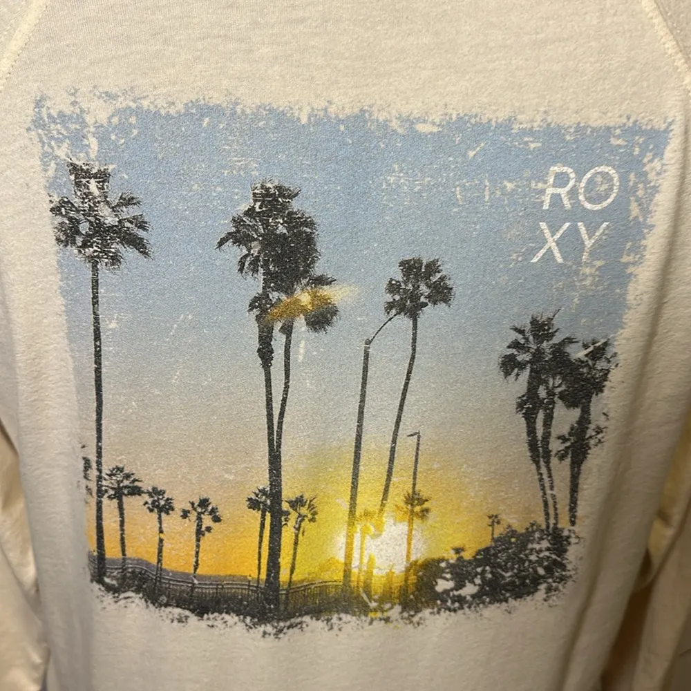 Roxy Women’s Large Cotton Cream Long Sleeve Shirt Top Beach Palm Tree Surfer - Image 3