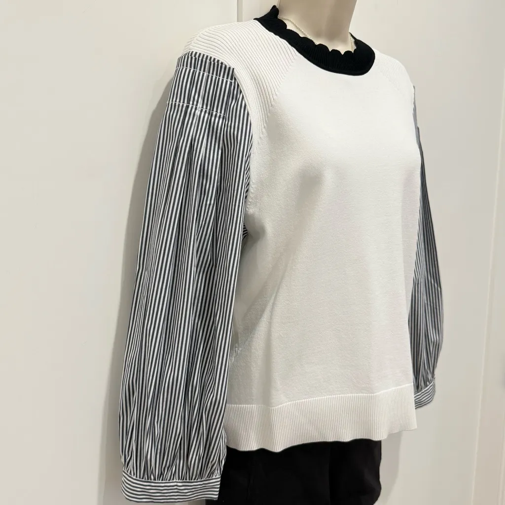 Veronica Beard Roy Mixed Media Sweater Large White Striped Sleeves Coastal Chic - Image 7