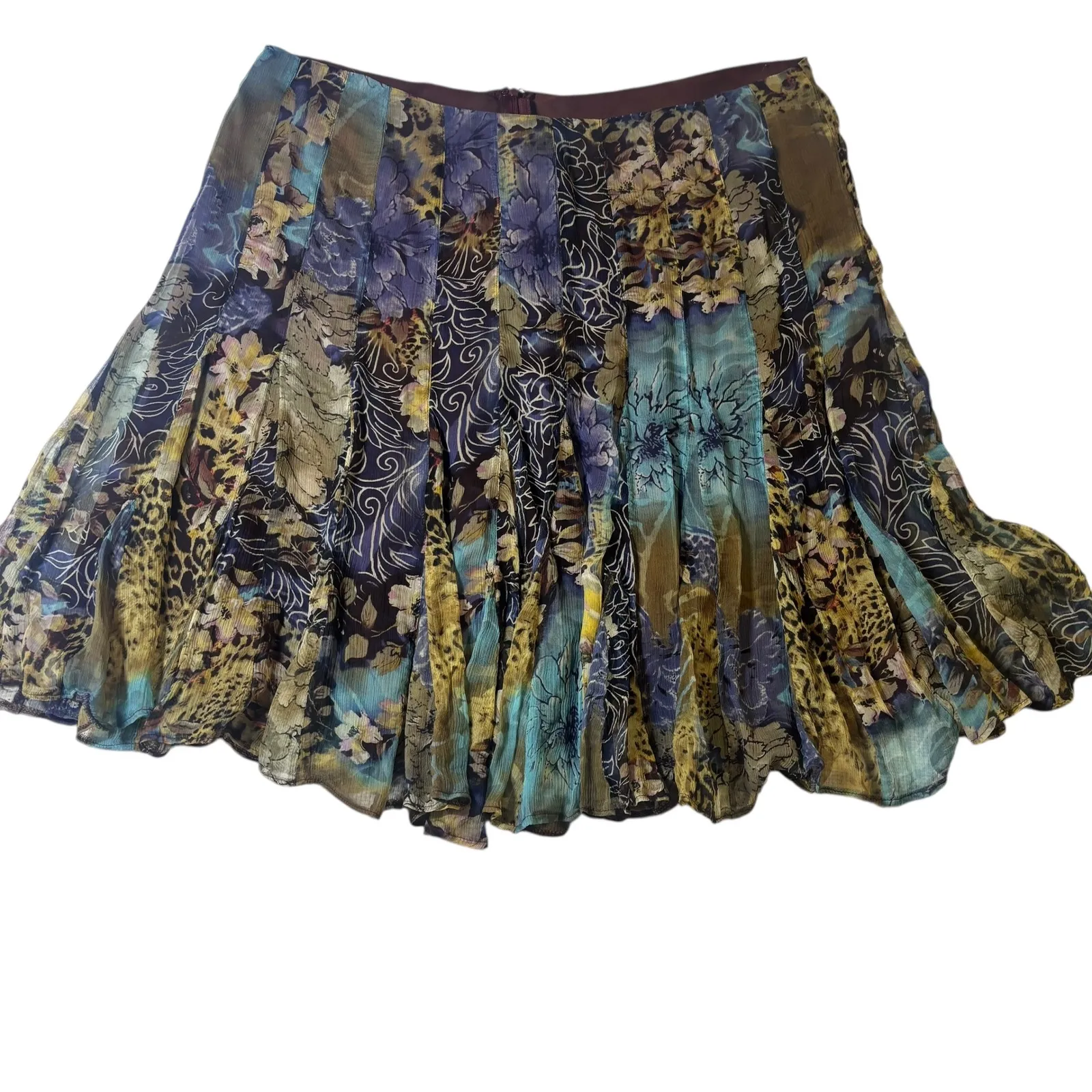 ICE XL Silk Patchwork Floral Leopard Print Midi Skirt Women Flare Bohemian Y2K Brown - Image 3