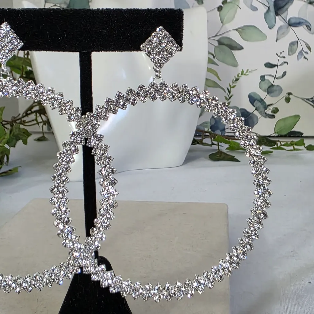 Large Silver and Rhinestone Hoop Earrings - Image 3