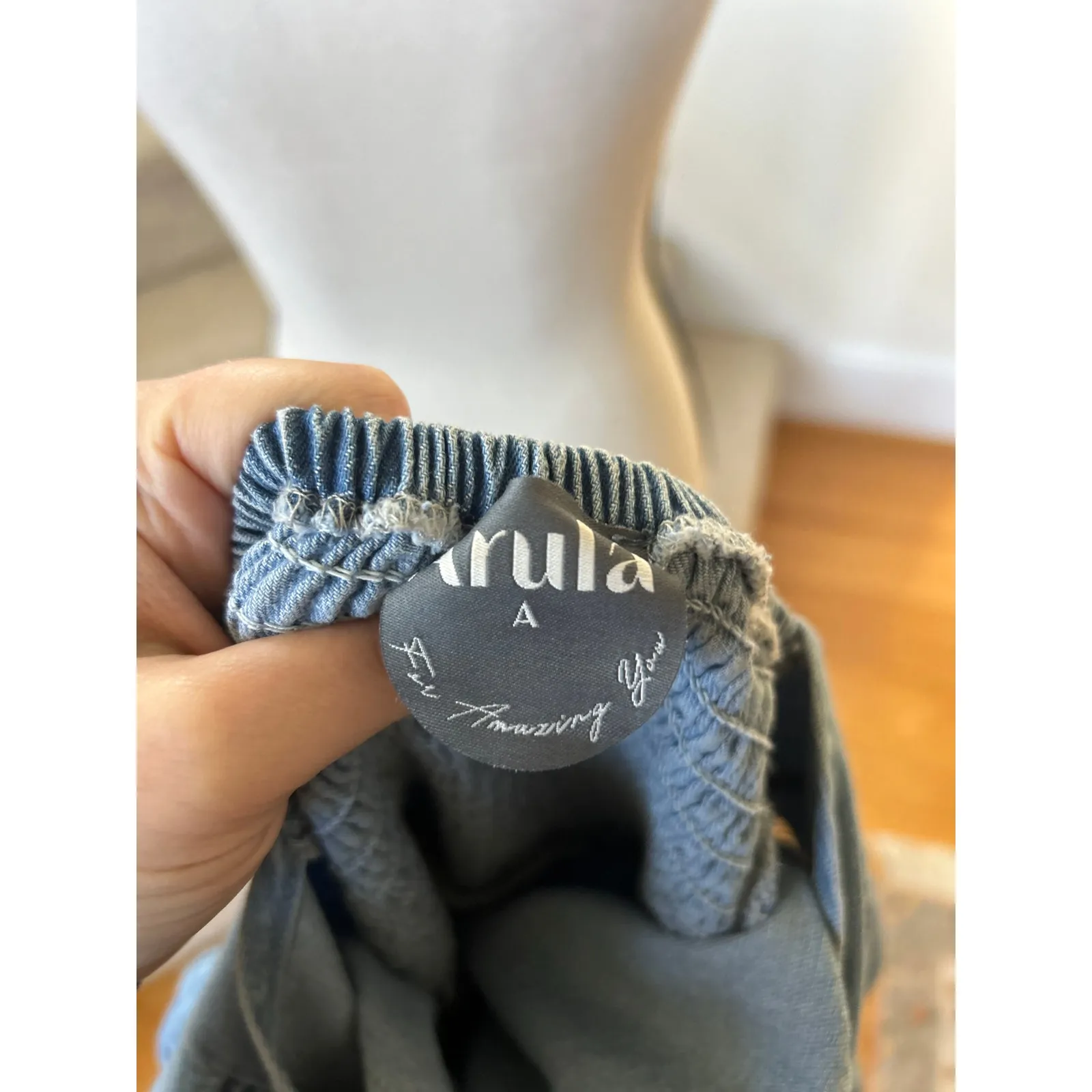 Arula Denim Puff Sleeve Milk Maid Square Neck Open Back Mini Western Dress Blue Size 1X - Image 5