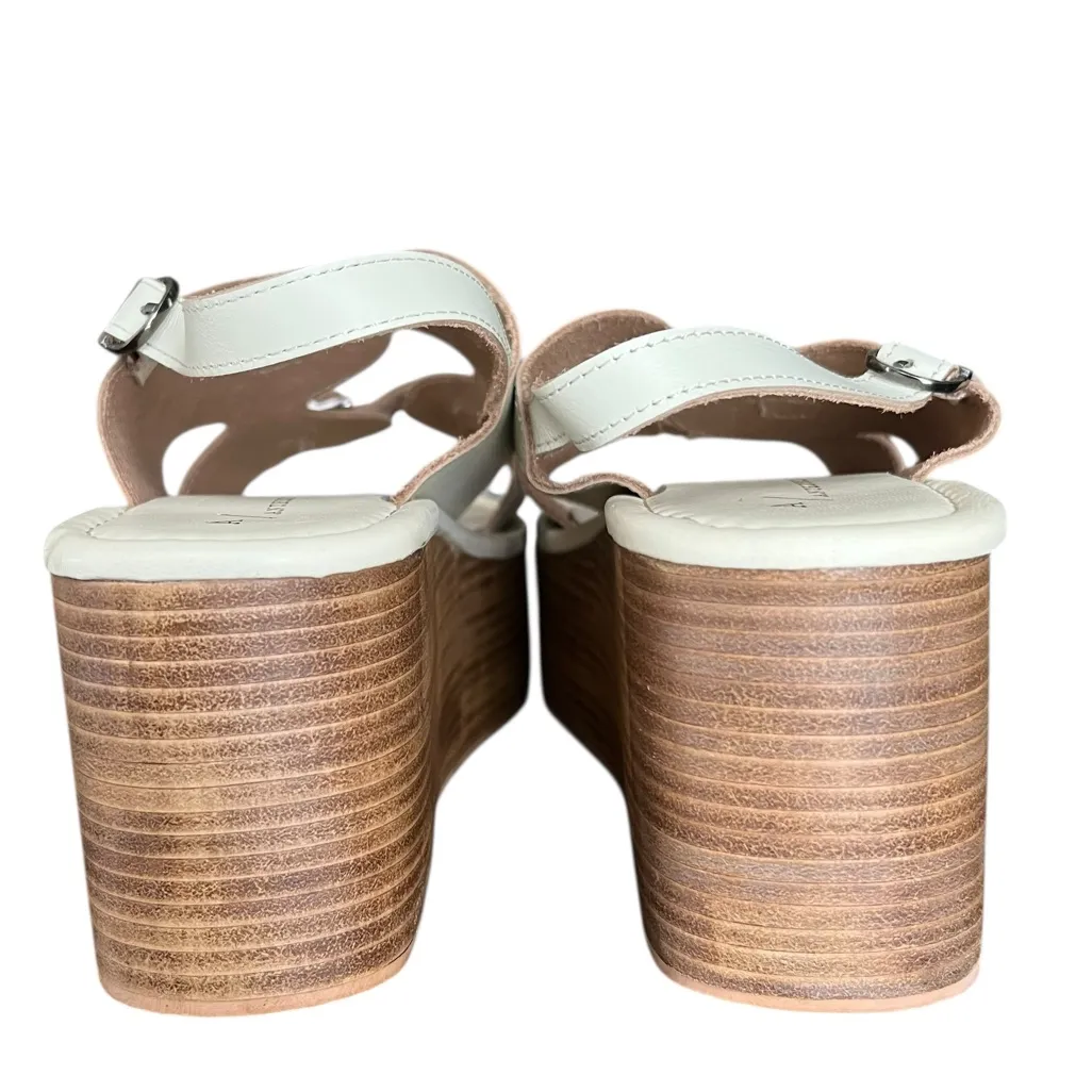 Anthropologie Women’s Buckle Tan Leather Open Toe Platform Sandals Wood Stack 41 - Image 8