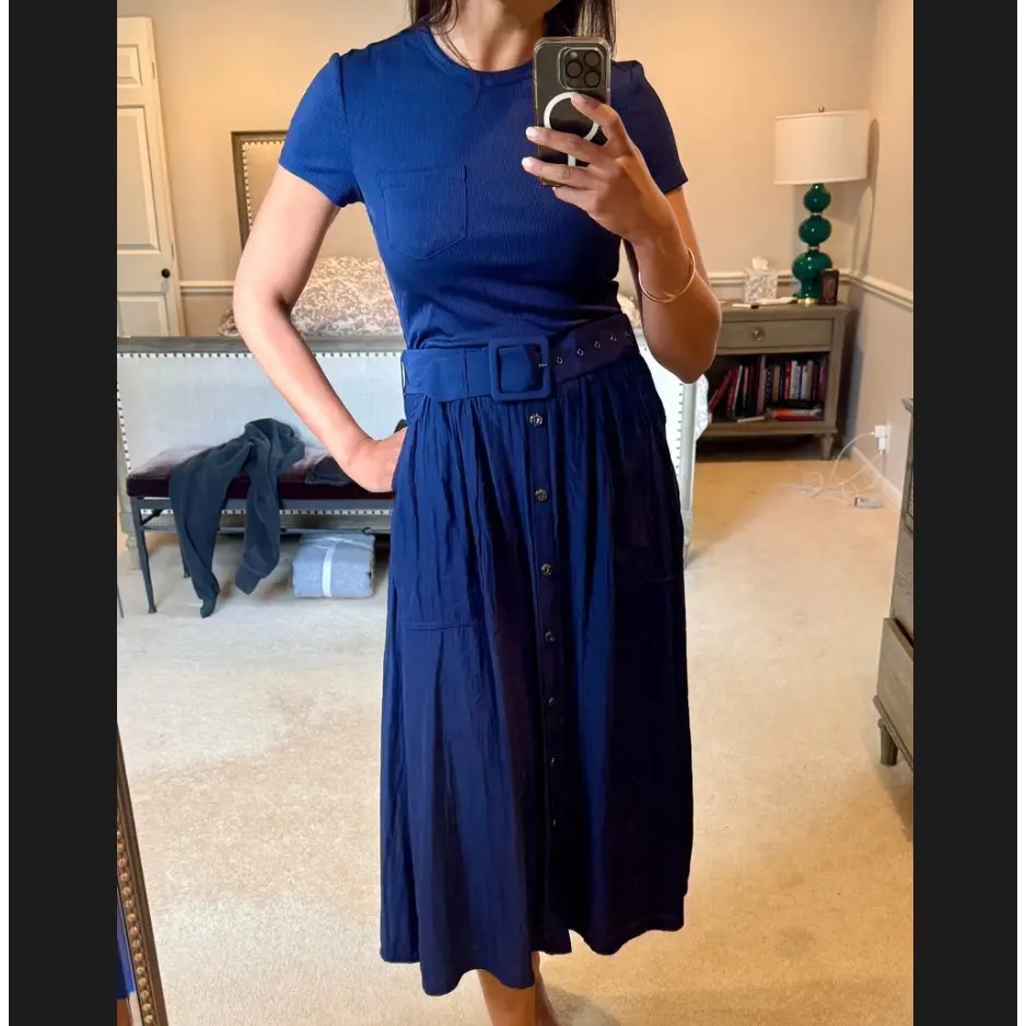 Ramy Brook Blue Pleated Midi Dress LARGE Business Casual Designer Preppy $400 - Image 5