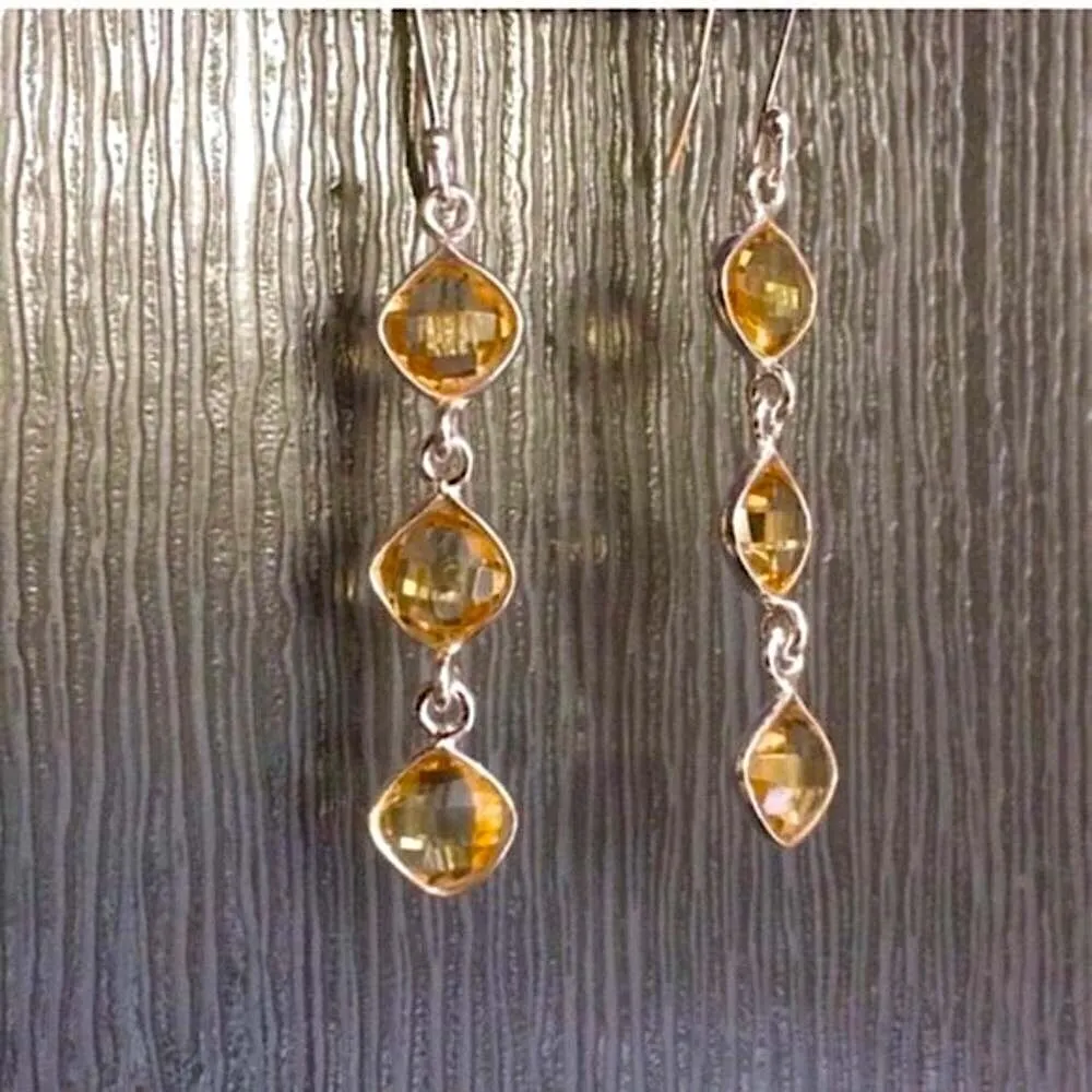 Triple Drop Cushion Cut Golden Citrine and Sterling Silver Earrings NWT - Image 2