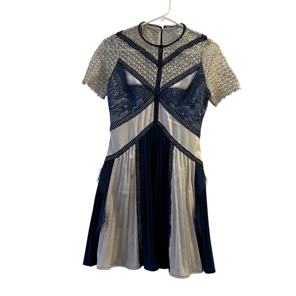 Self Portrait Lace Panel Pleated Blue Mini Dress size 4 CL - Image 3