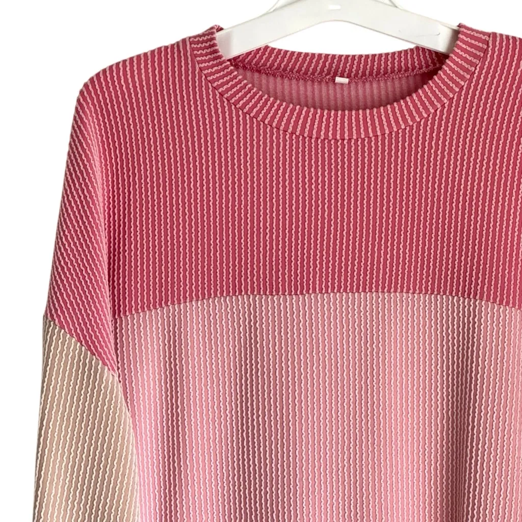 Ribbed Loose Long Sleeve Top Women's Small Casual Cute Sweater Textured Pink Tan - Image 3