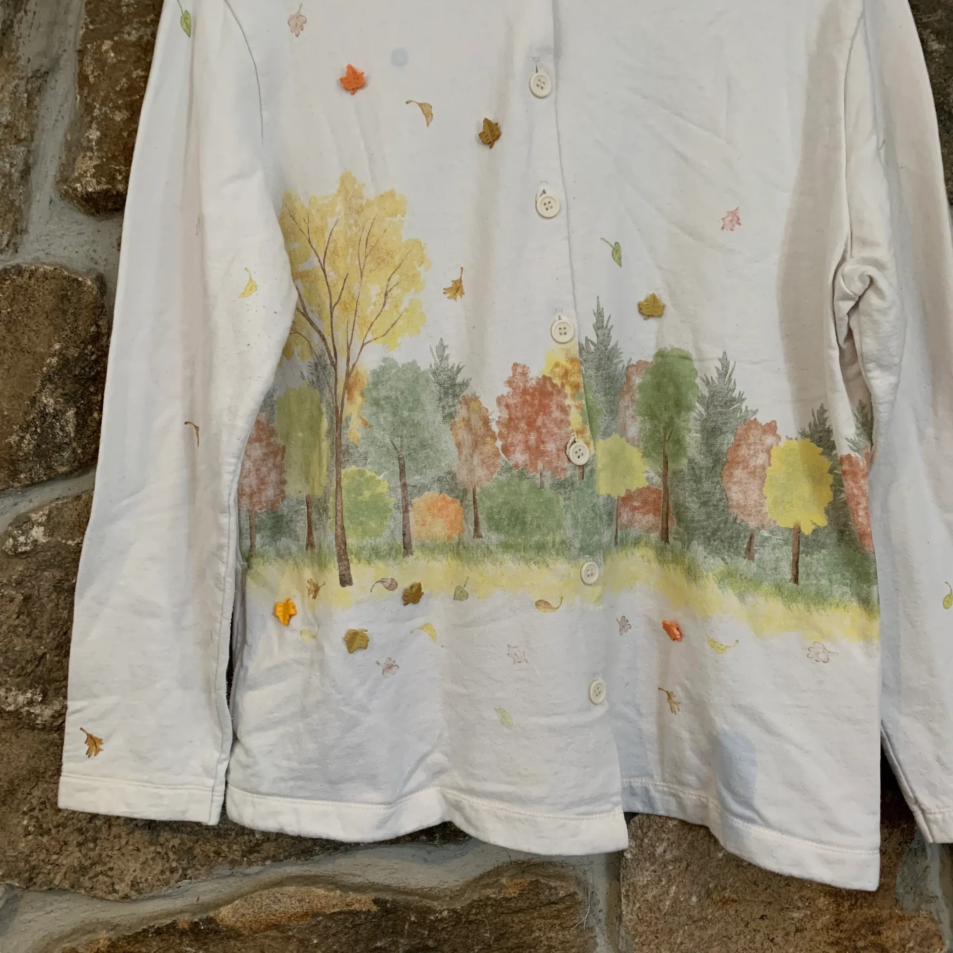 Vintage Cream White/Beige Fall Scene Button Up Cardigan Sweatshirt White Size M - Image 3