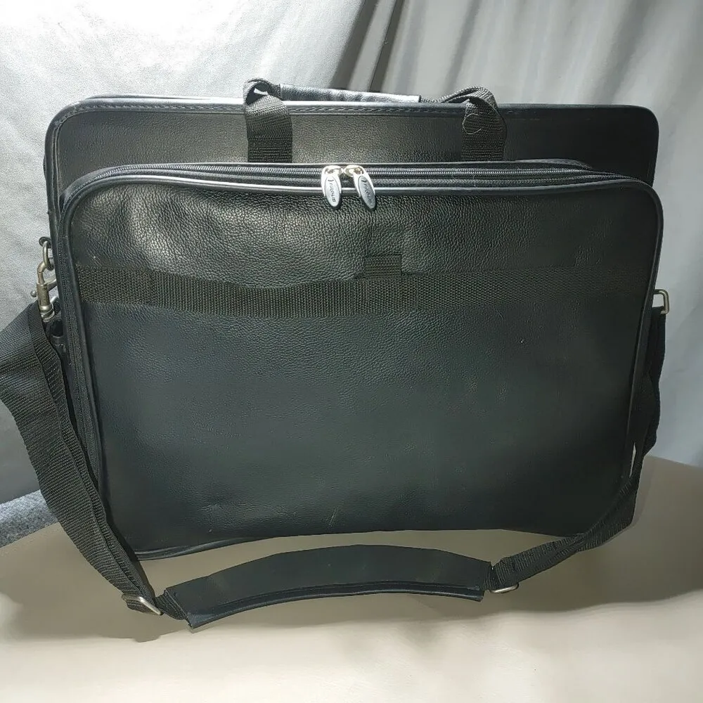 Targus Black Leather Laptop Large Multi Pocket Messenger Bag Shoulder Strap Top - Image 13