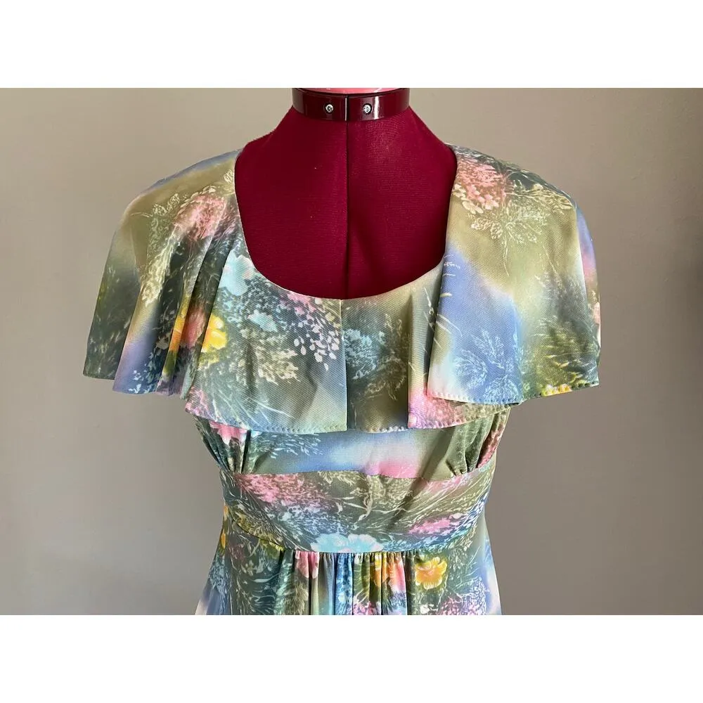 dress maxi floral flower power boho flutter sleeve green pink purple - Image 10