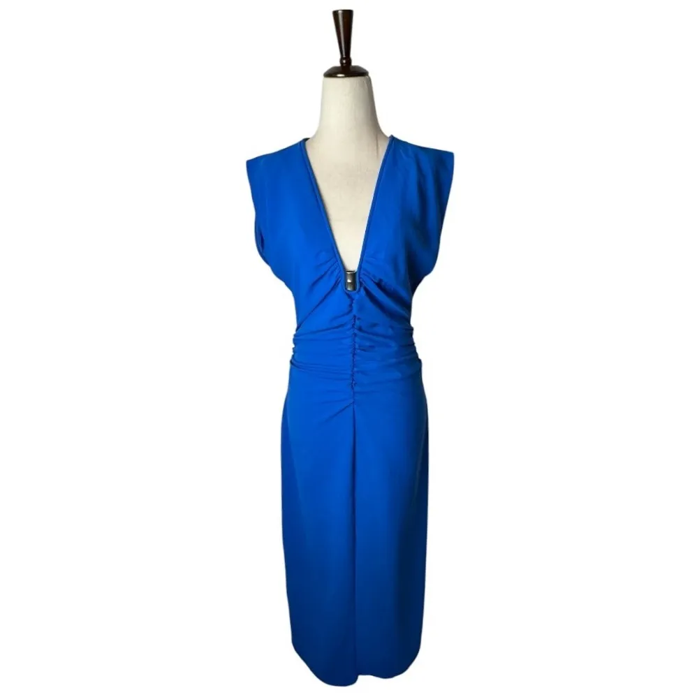 Zara‎ Dress Women Medium Royal Blue Ruched V Neck Sleeveless Midi NWT Party - Image 2