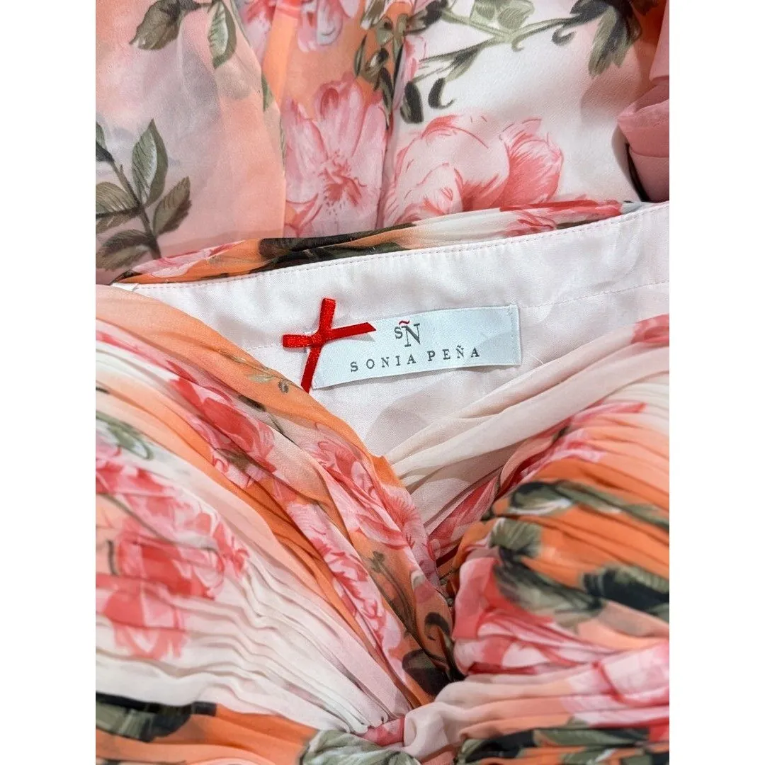 Sonia Pena Dress Peach Sweetheart One Shoulder Floral Maxi Bridesmaid Gown Sz 8 Orange - Image 4