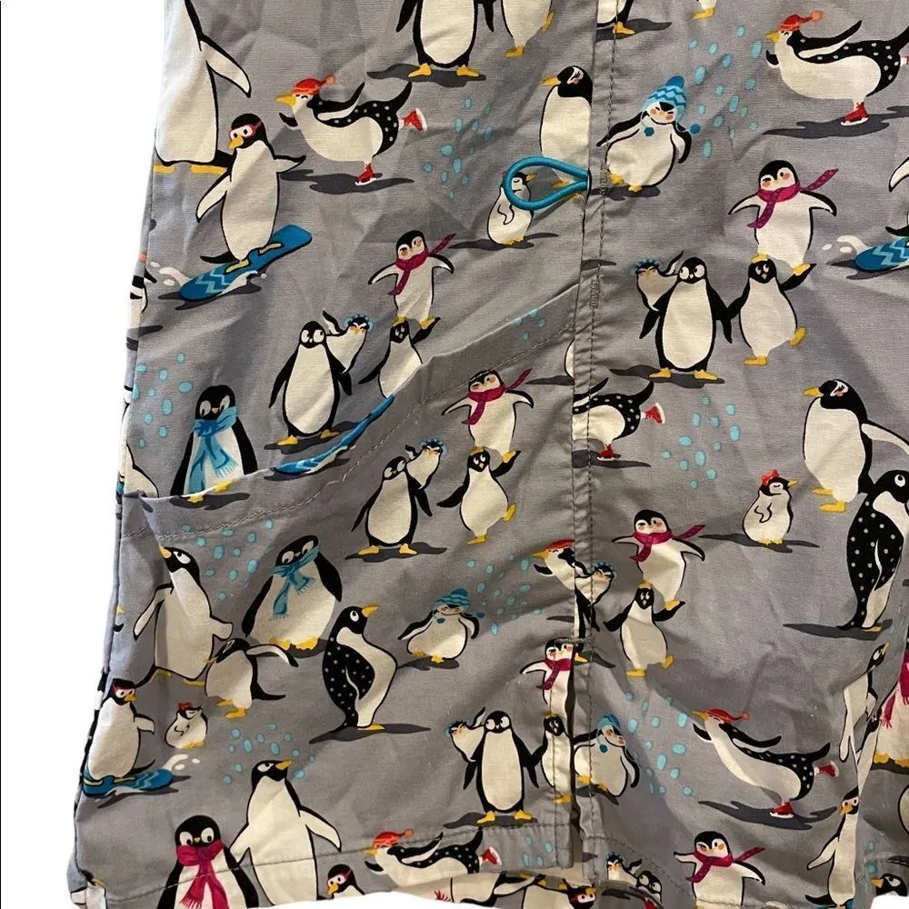 Scrub Star Gray White Black Winter Wonderland Penguin Short Sleeve Scrubs Top - Image 2