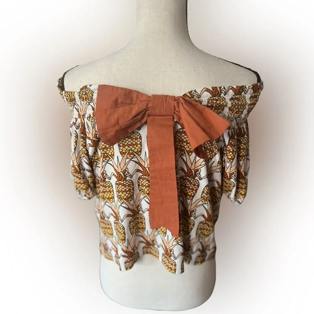 Anthropologie  Cottagecore Off Shoulder Pineapple Bow Back Smocked Top Boho S‎ - Image 6