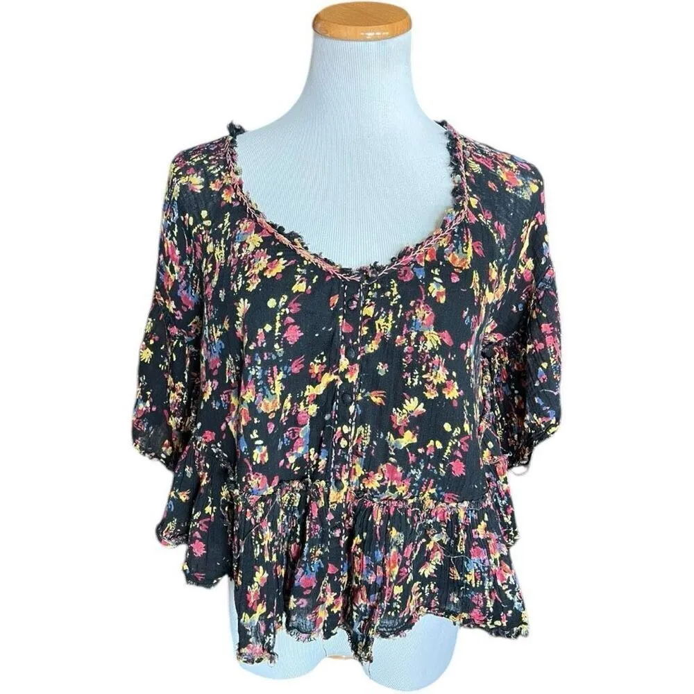 Womens Free People Whimsical Floral Print Babydoll Tie Back Detail Top - Sz M - Image 6