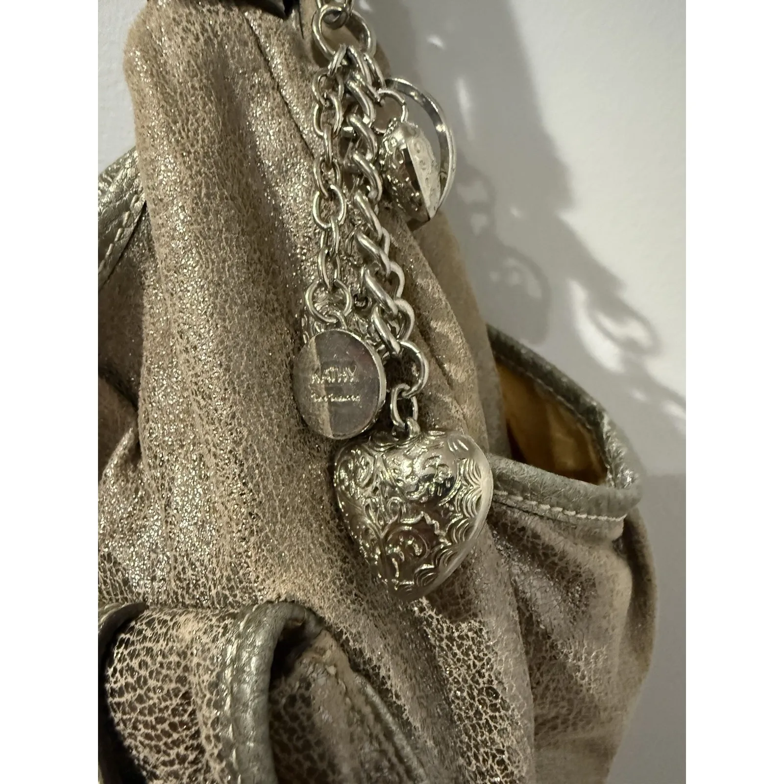 Kathy Van Zeeland Silver Satchel Bag Double Pocket Crown Logo Heart Charms Y2K W - Image 12