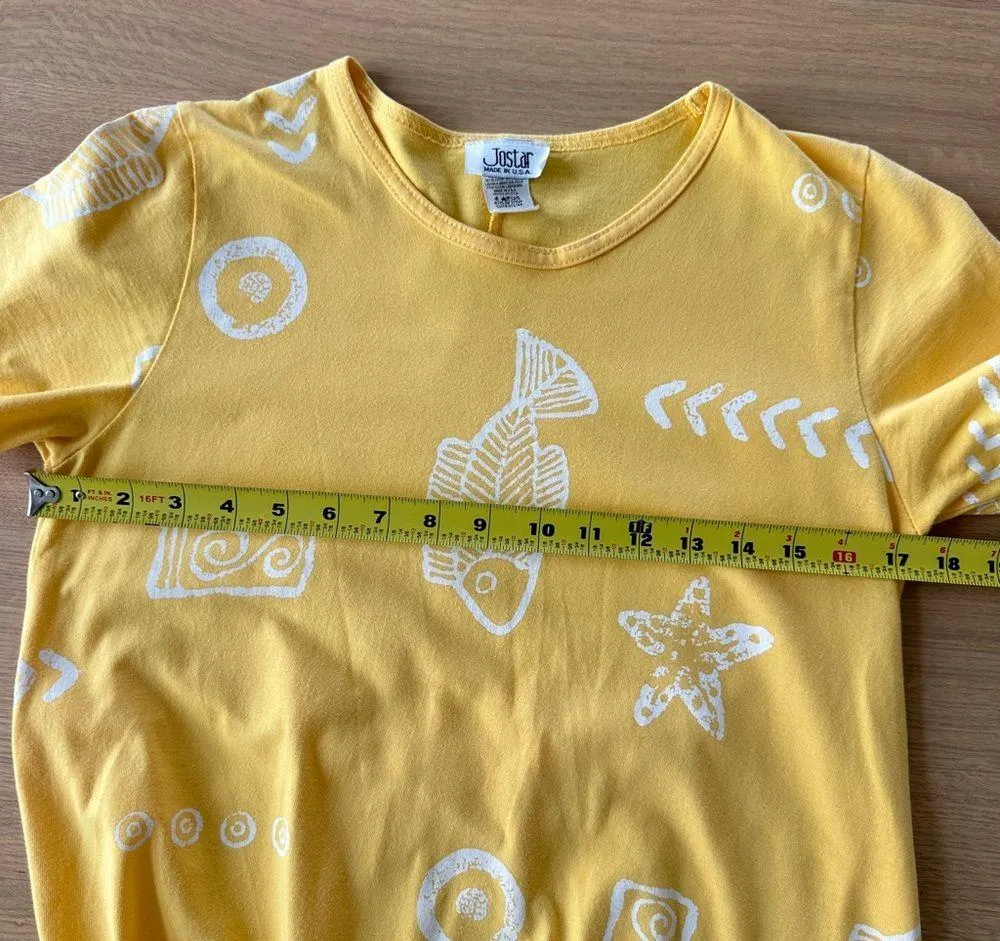 Vintage USA MADE Yellow Maxi Dress 100% Cotton Fish Print Sz S Jostar Coastal - Image 8