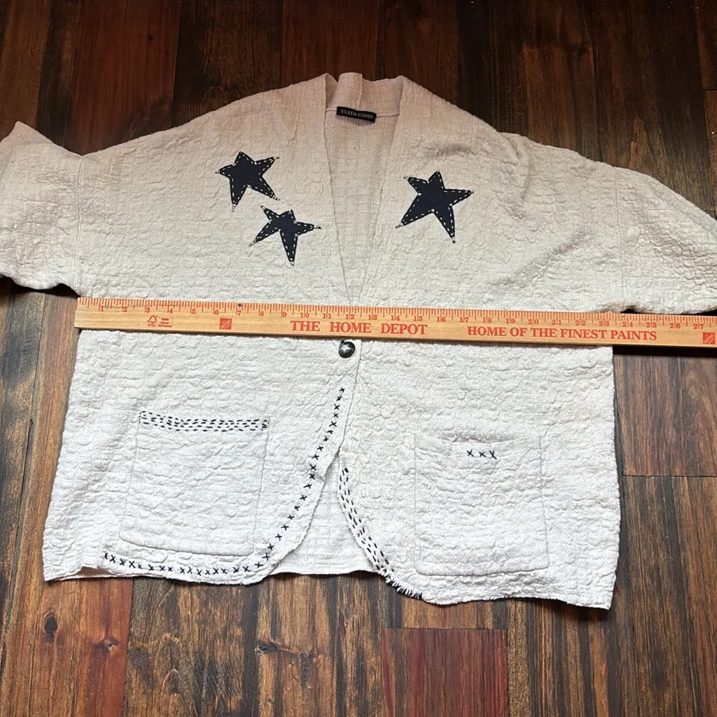Eileen Fisher Cream Cardigan with Star Accents, 3/4 Sleeves, Size Large Blue - Image 8