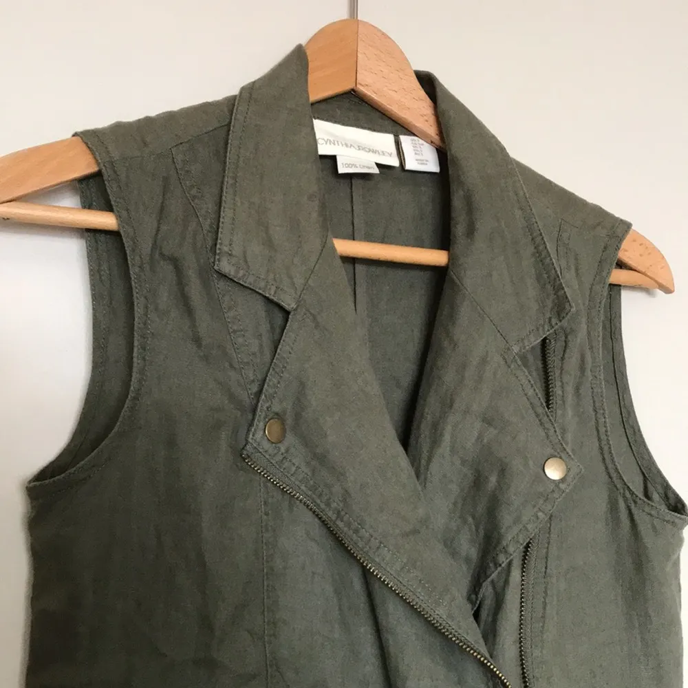 Cynthia Rowley S Linen Army Green Moto Style Zipper Slash Pocket Collared Vest - Image 3
