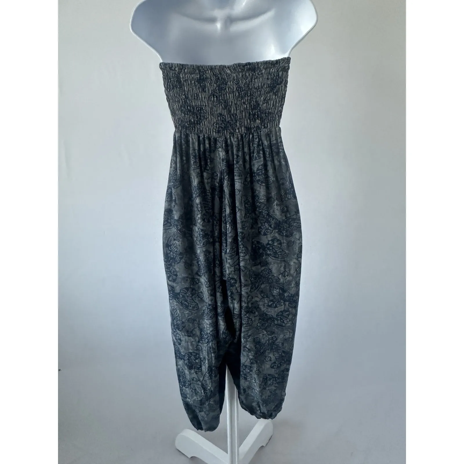Tropical Group Hawaii Blue Gray Balloon Smocked Pant Jumpsuit, Sz: OS (b50) Boho Size undefined - Image 5