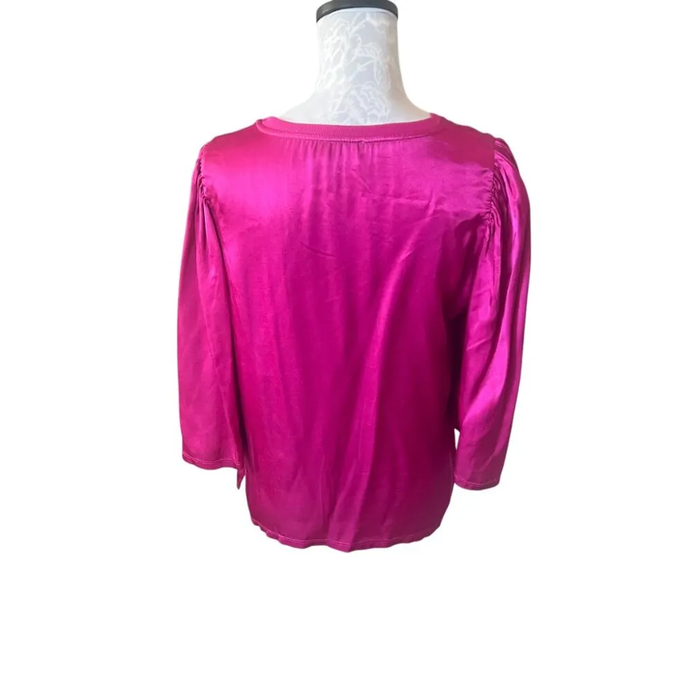 Nation LTD Donna Bell Sleeve Satin Top Boho Crewneck Oversized Magenta Pink L - Image 3