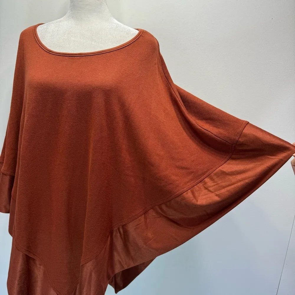 Chico’s Rust Orange Brown Knit Poncho with Shimmery Sueded Satin Trim Size L/XL - Image 5