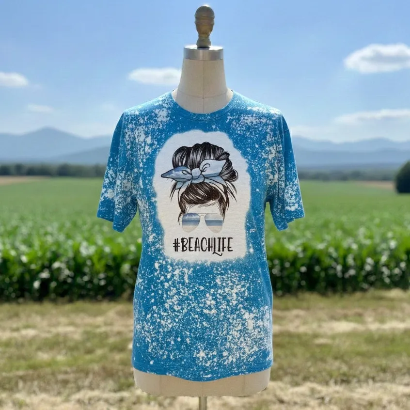 Beach Life Graphic Tee 2XL Blue Bleach Dye Handmade Short Sleeve T Shirt NWOT Size 2X - Image 10