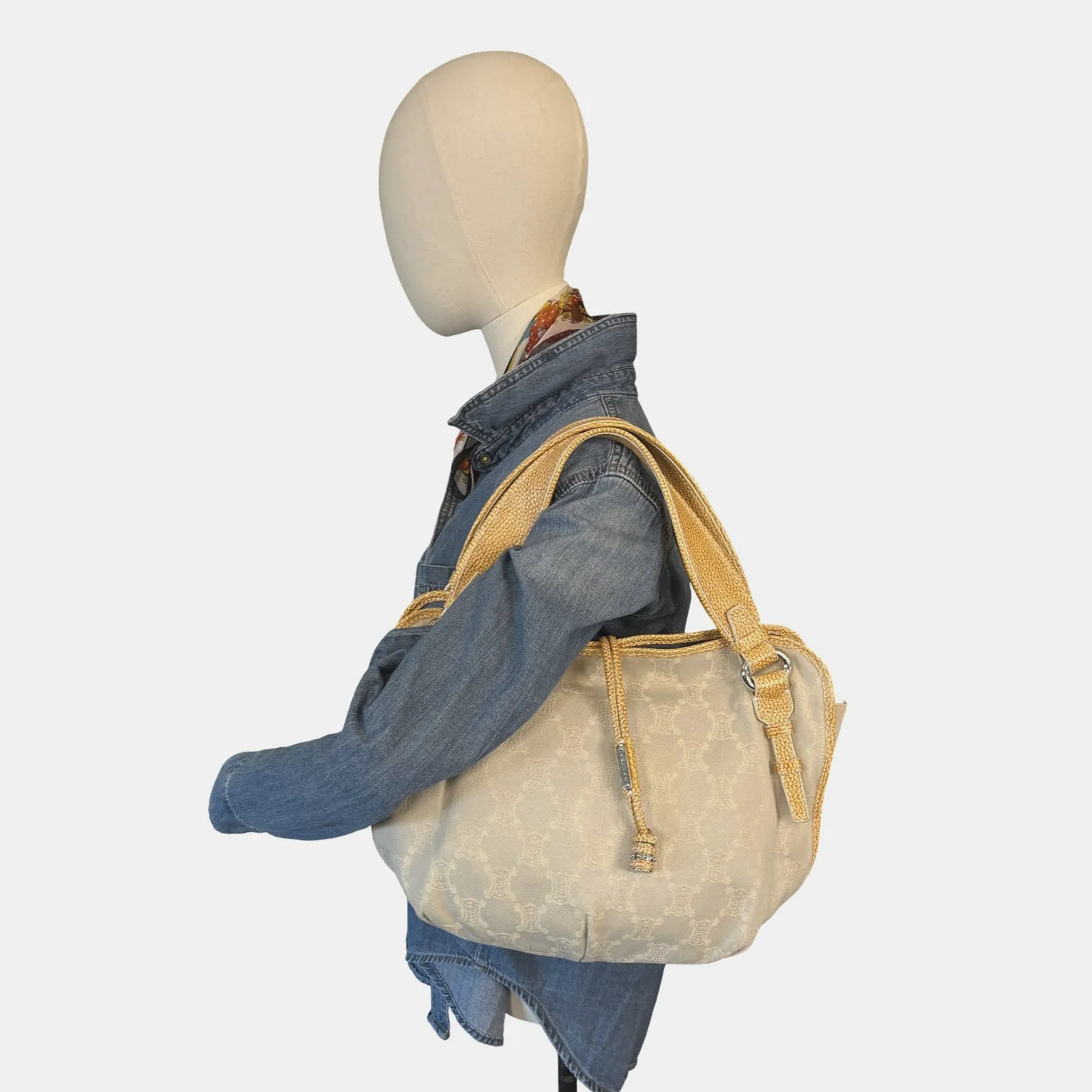 Celine Macadam Denim Drawstring Tote Bag Leather Trim Blue Vintage Y2K - Image 11