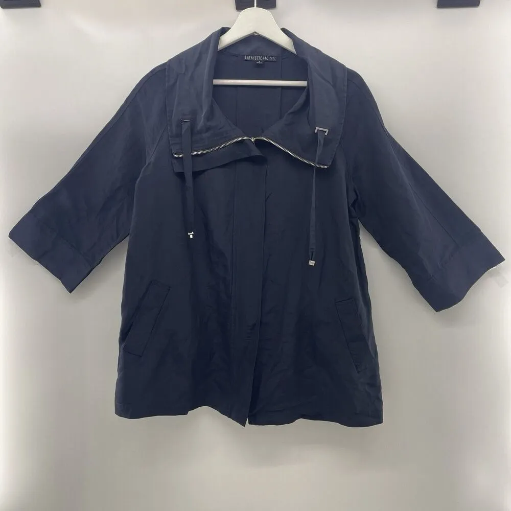 Lafayette 148 Sz 4 Jacket Linen Blend New York Navy Full Zip 3/4 Sleeve Pocket - Image 3