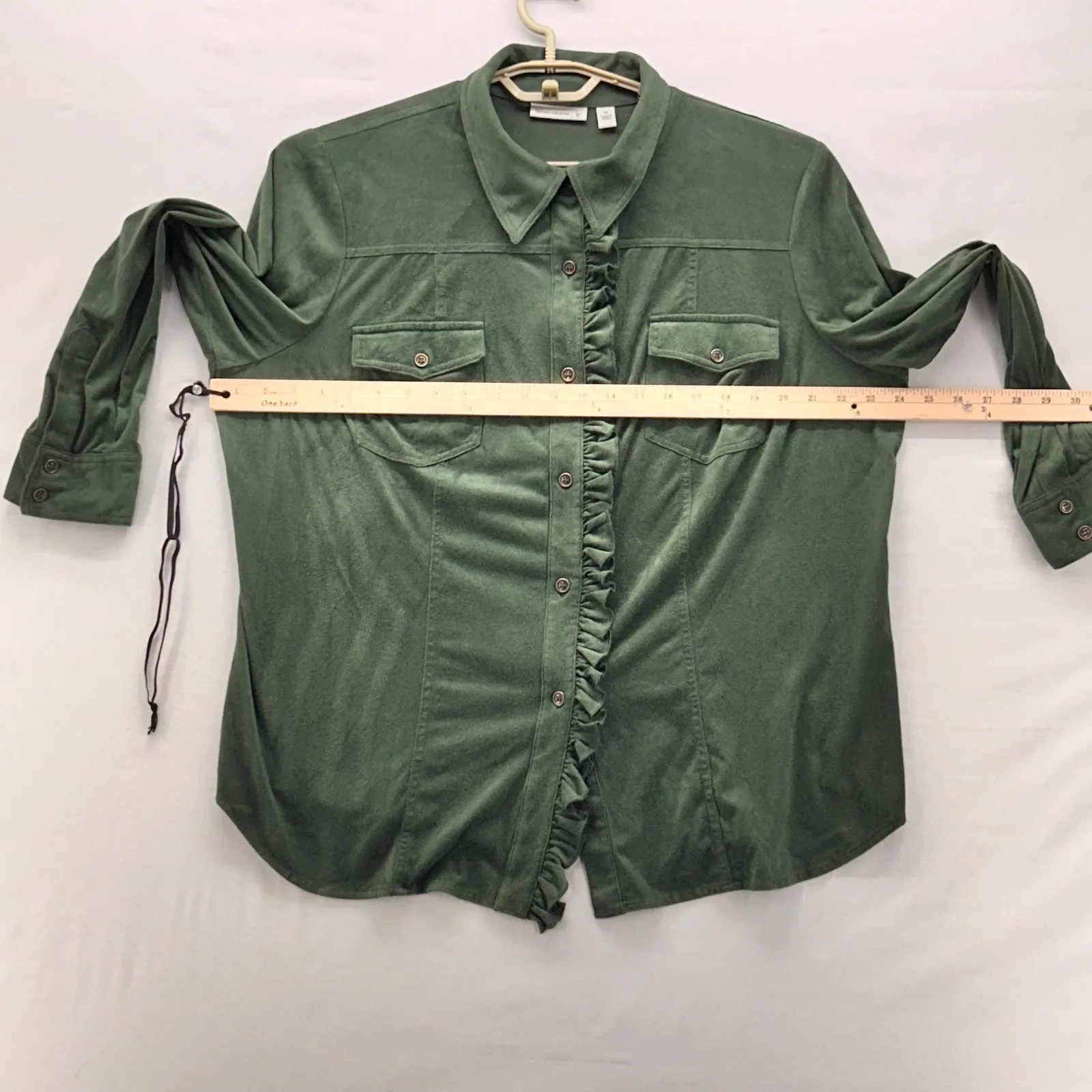 Susan Graver  Micro Suede Button Up Shirt Green 1X - Image 8