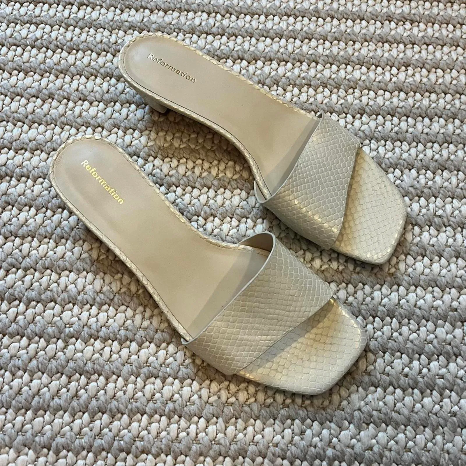 Reformation Christina Heeled Sandal in Almond Snake Emboss - Image 3