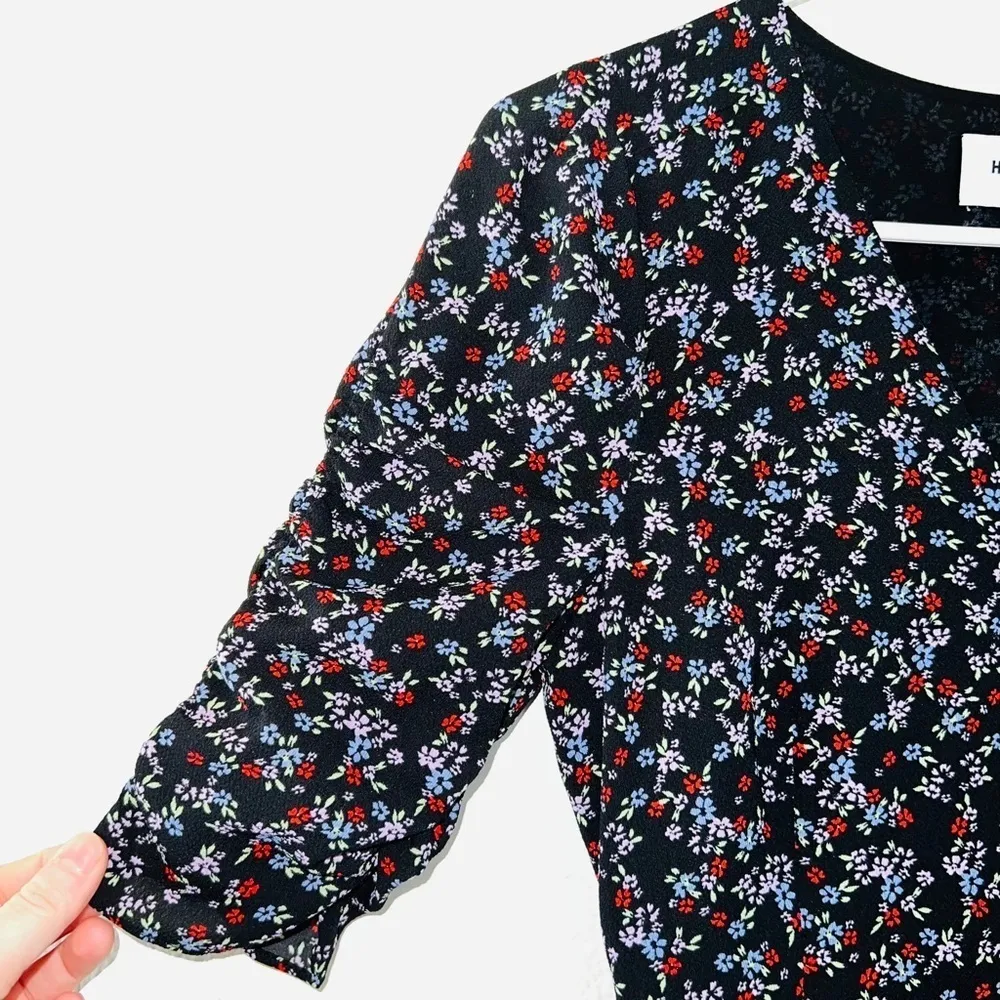 Highline Collective Black Floral Ruched Sleeve Mini Wrap Dress size XS - Image 2
