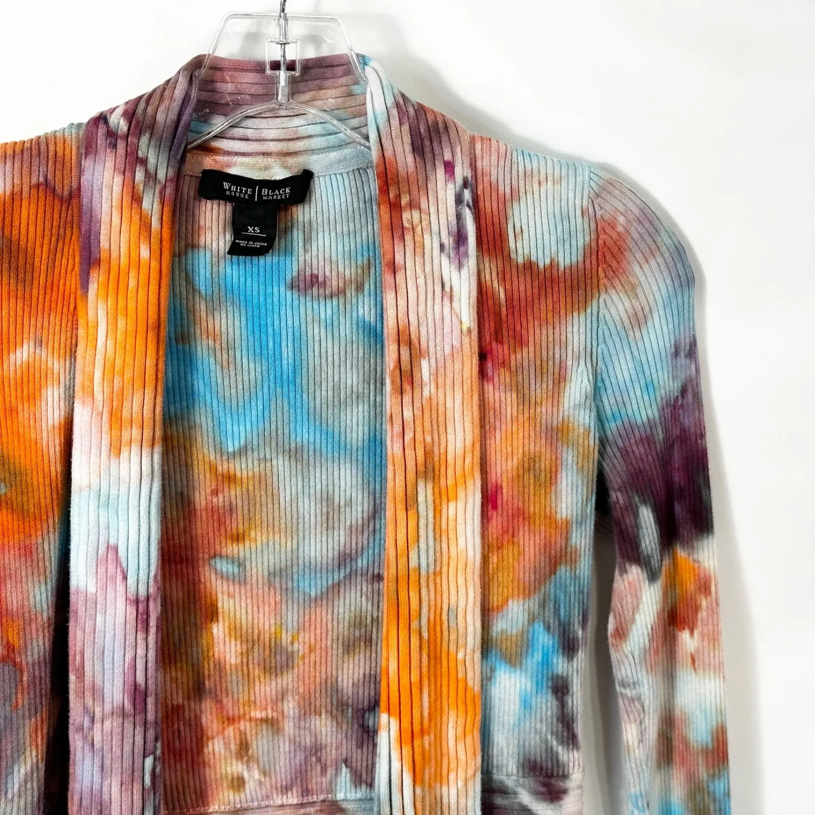 White House Black Market XS Cardigan Handmade Tie Dye Ribbed Open Front Knit 725 - Image 5