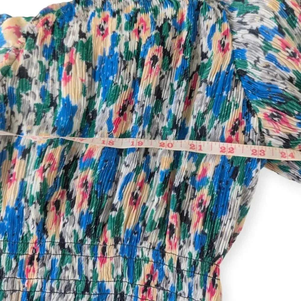 Ganni Floral Tent Dress Blue Green Midi Length Modest Pleated - Image 8