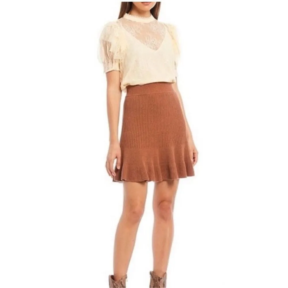 Free People Brown Solid Gold Ribbed‎ Knit Skirt - Image 3