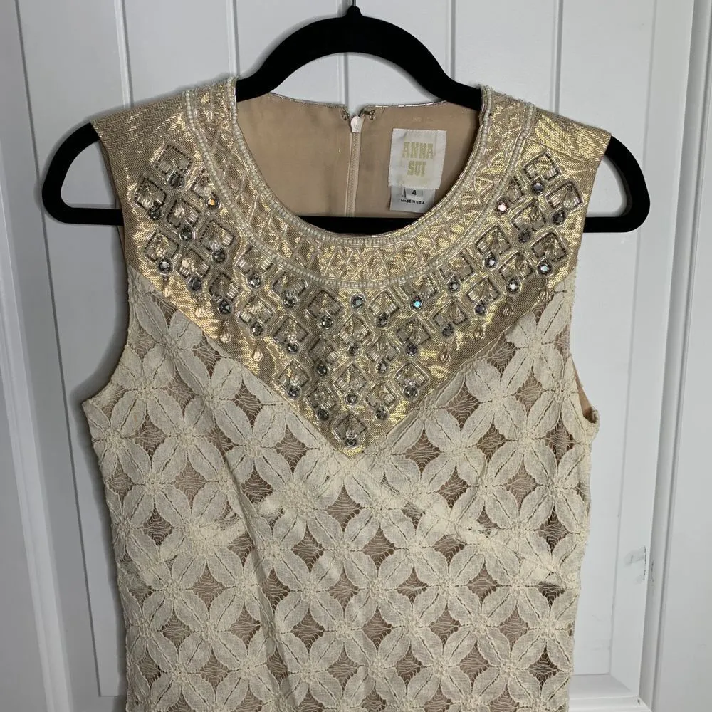 Anna Sui Lace Cocktail Dress Embellished Neckline Pearl Rhinestone Detail Size 4 - Image 2