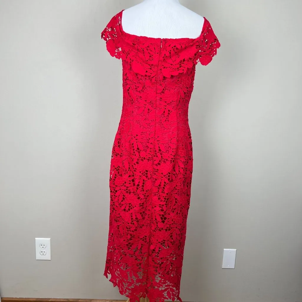 Anthropologie Shoshanna Dress Womens 8 Red Lace Sheath‎ Off Shoulder Fitted Sexy - Image 9