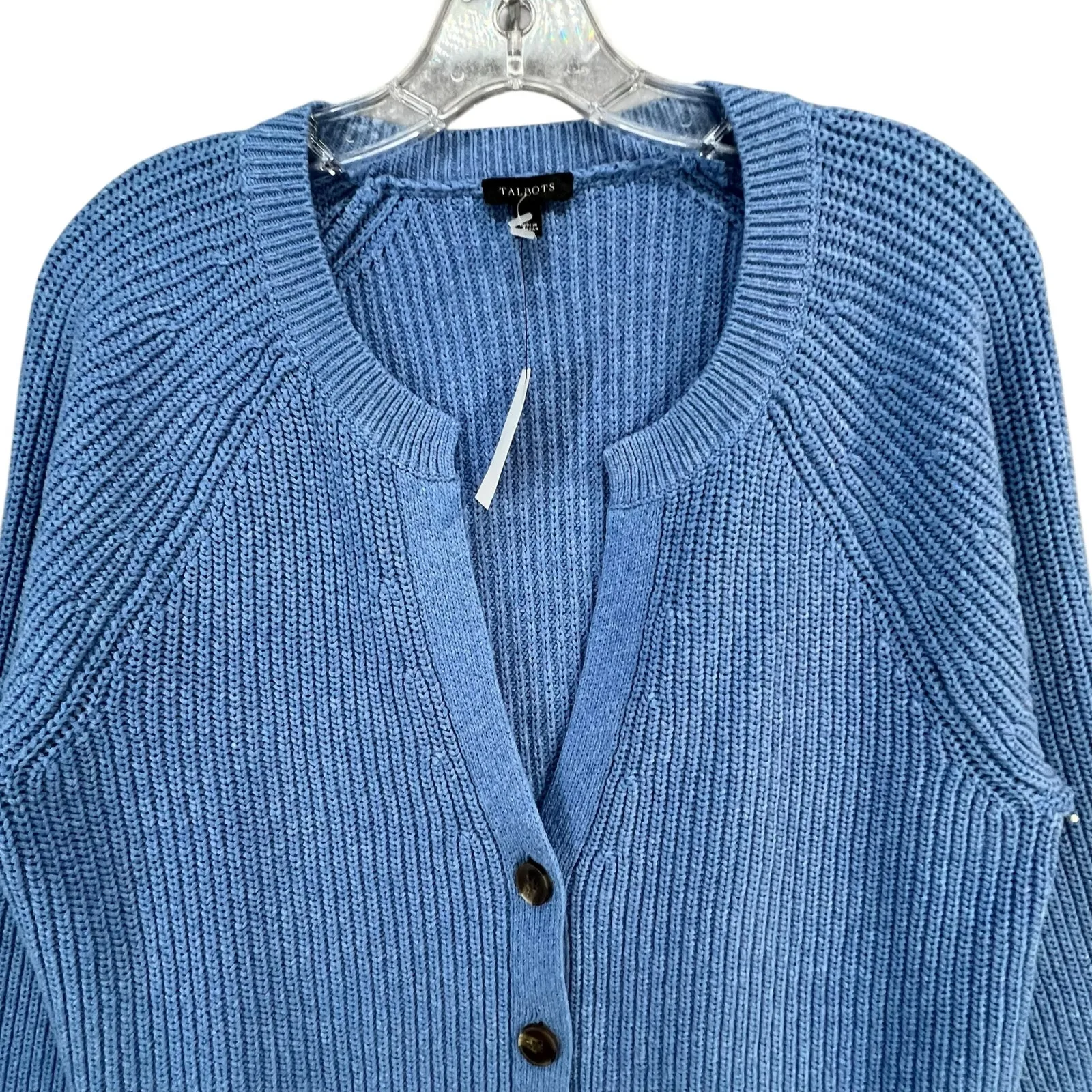 Talbots Shaker Stitch Cardigan Sweater Womens L Blue Cotton V Neck Chunky Cozy - Image 4
