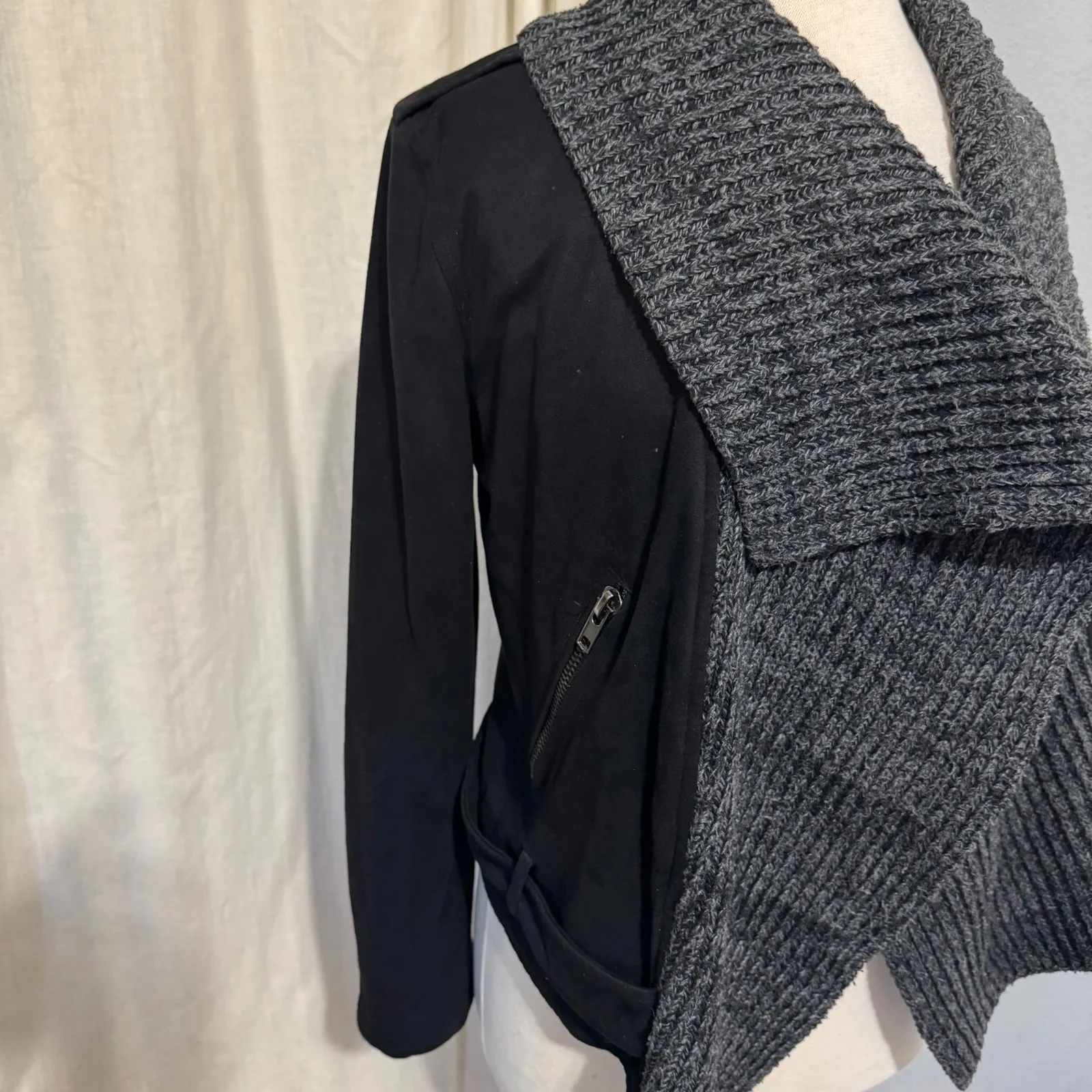 LUSH Women Black Drape Front Cardigan Sweater Jacket Knit Waterfall Size S - Image 4