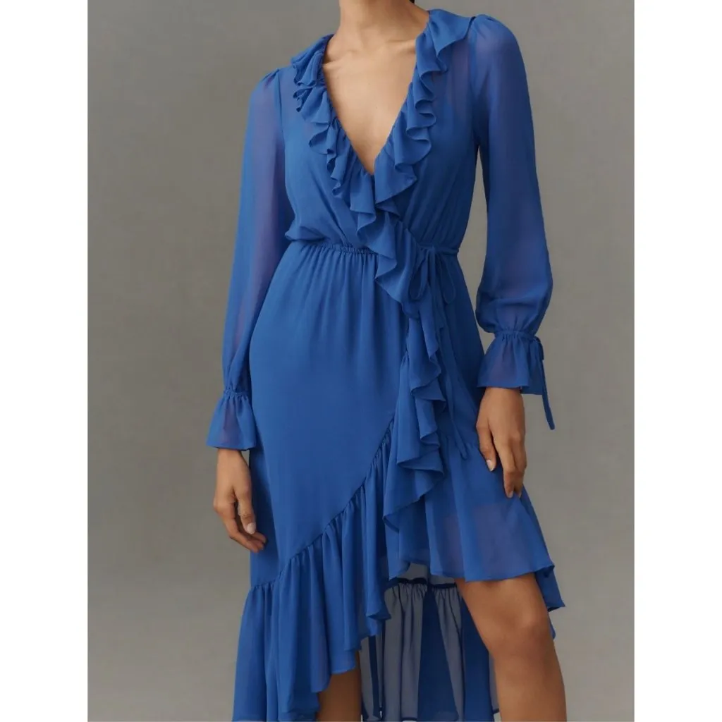 Anthropologie Long-Sleeve Ruffled Asymmetric Midi Dress Size S Blue - Image 3