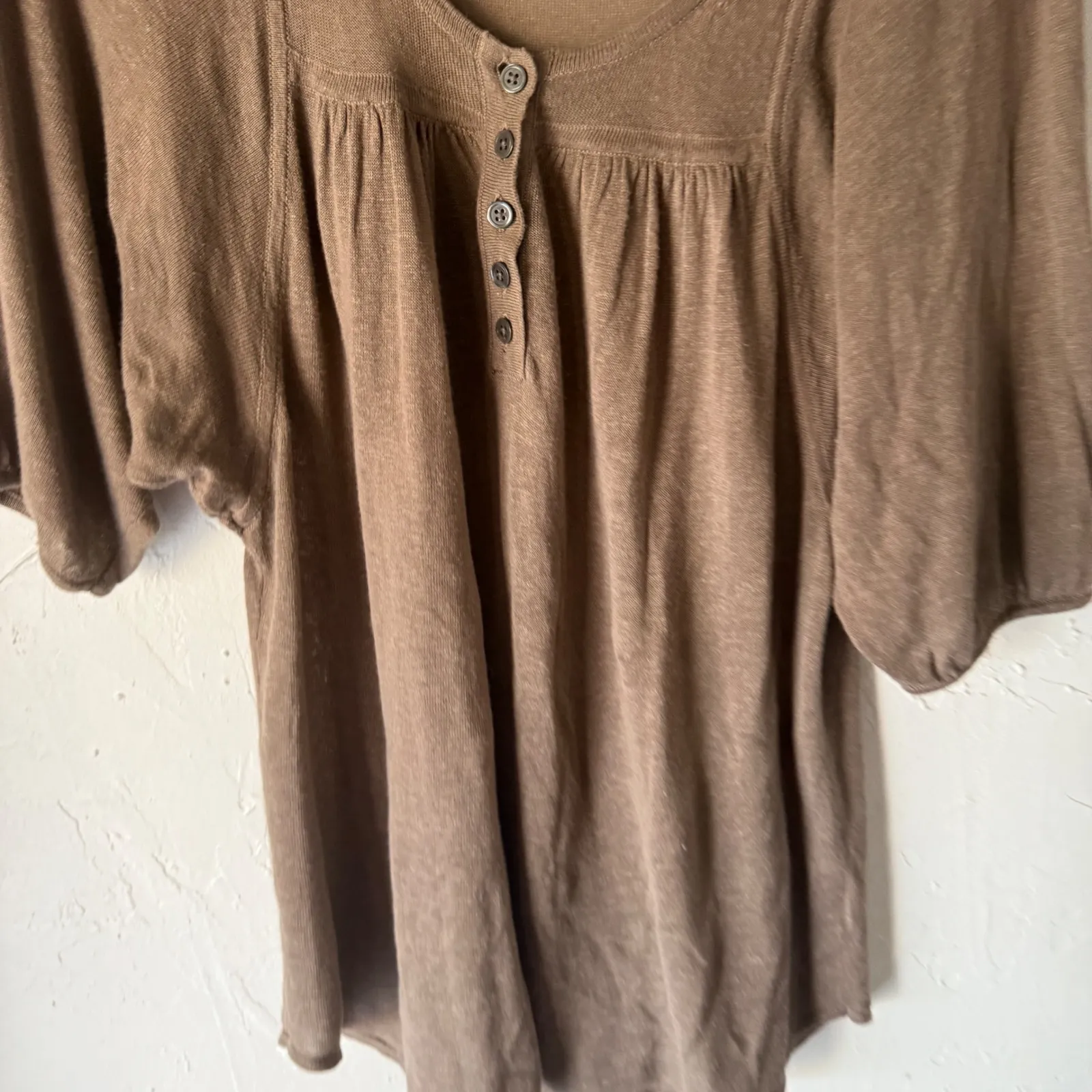 GAP Y2k Vintage Linen Blend Henley Top 3/4 Sl Brown S Babydoll Feminine Academia - Image 4